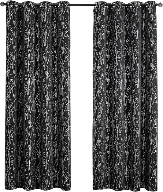 Grommets Blackout Long Window Curtains Black Silver-52W*84L 2PCS Drapes for Bedroom