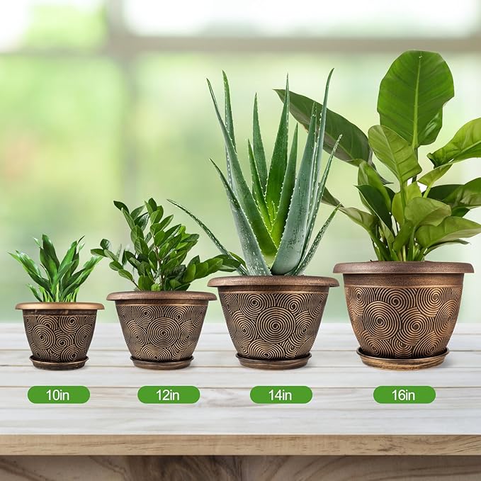 10 Inch Flower Pots Planters for Indoor Outdoor Plants, 3 Pack Plastic Large Plant Pots with Drainage Hole & Tray, Modern Decorative Garden Pot with Saucer, Plant Container for House