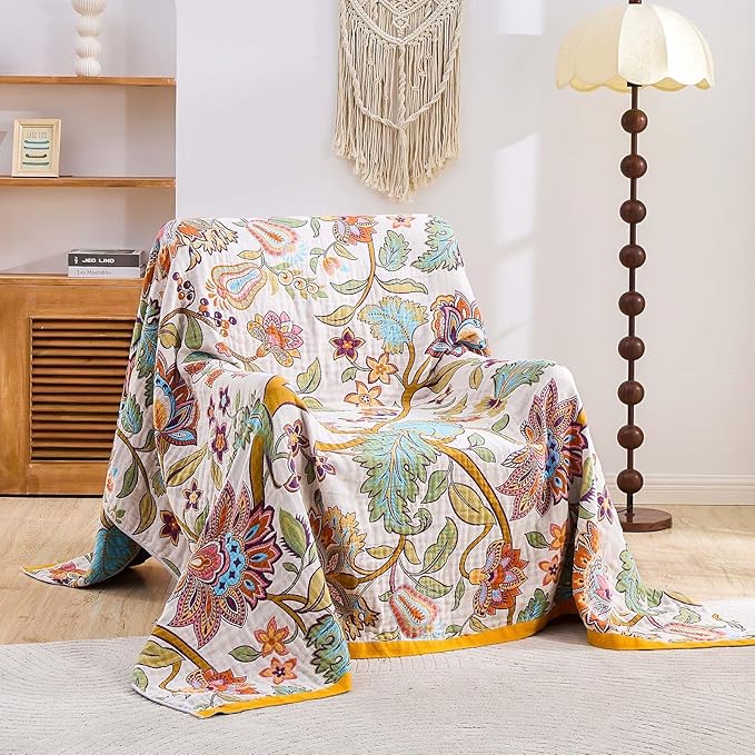 Boho Throw Blanket for Bed, 100% Cotton Soft Rustic Quilt Fall Blanket, 90"x98" Floral Printed Farmhouse Decor Bed Blankets, All Season Rustic Reversible Bohemian Throw Quilt