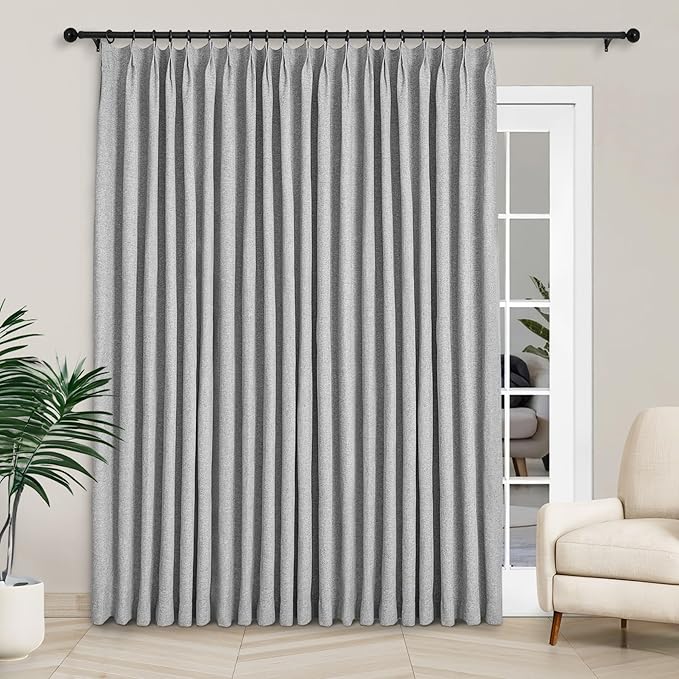 Macochico Extra Wide 100% Blackout Linen Curtains for Sliding Door Pleated Curtains with Hooks Insulated Soft Linen Drapes for Bedroom Living Room with Tieback Light Grey 100”Wx84”L 1 Panel