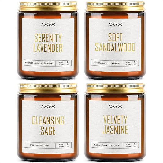 AOOVOO Candle Set - 4PC Scented Candles, 28 oz Soy Candles, Soy Candle for Home Scented, Lavender/Sandalwood/Jasmine/Sage
