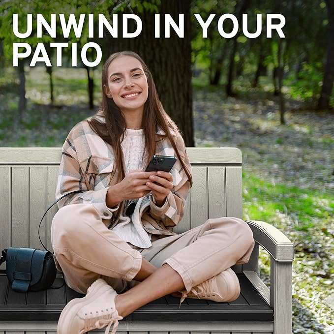 EconoHome 2 Seat Outdoor Storage Bench with Rain Cover - 60 Gallon Capacity - Weatherproof Resin Bench for Patio, Porch, Garden, Yard, Pool Area - Furniture for Pool Accessories, Gardening Tools