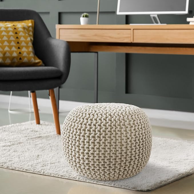 Casafield Round Pouf Ottoman, Natural - 20" Diameter x 14.5" High Cotton Knit Foot Stool - Boho Floor Pouffe for Living Room, Bedroom, Home Office