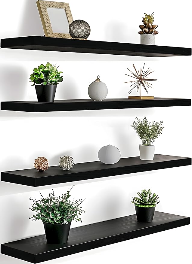 24 Inch Floating Shelves for Wall Rustic Black Wood Wall Shelves for Bedroom Set of 4