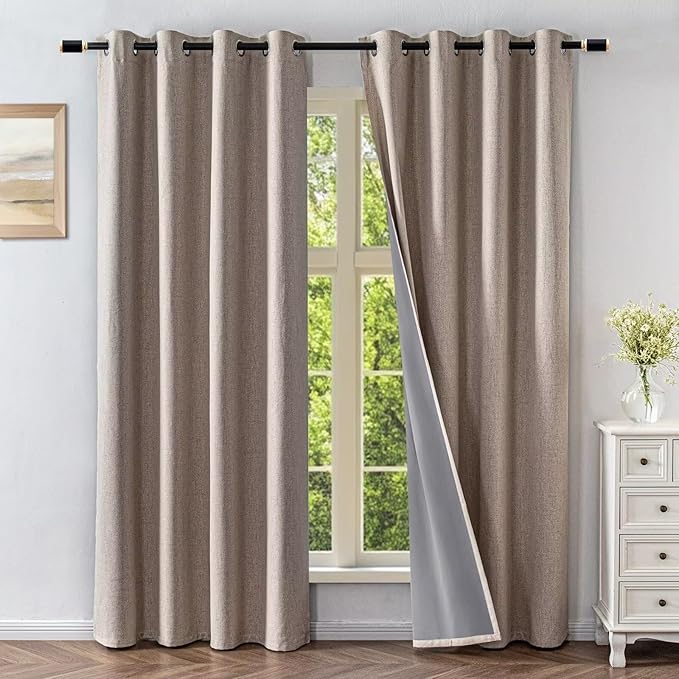 Blackout Curtains 84 Inch Length 2 Panels Set, 100% Black Out Textured Thermal Curtains, Grommet Privacy Light Blocking Drapes for Living Room Bedroom Luxury Decor(52W × 90L inch, Beige)