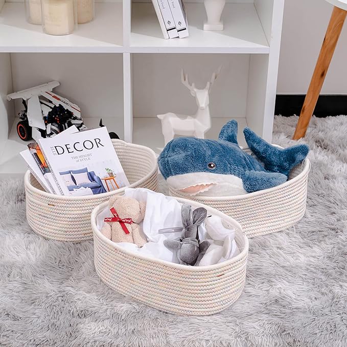 Baskets&Bins for Shelf Storage &Organizing/Cute Basket to Store and Organize Daily Items/Woven Rope Basket for Living Room, Bedroom,Playroom/Small Oval-13x8.66x5.11’’,3 Packs Rainbow