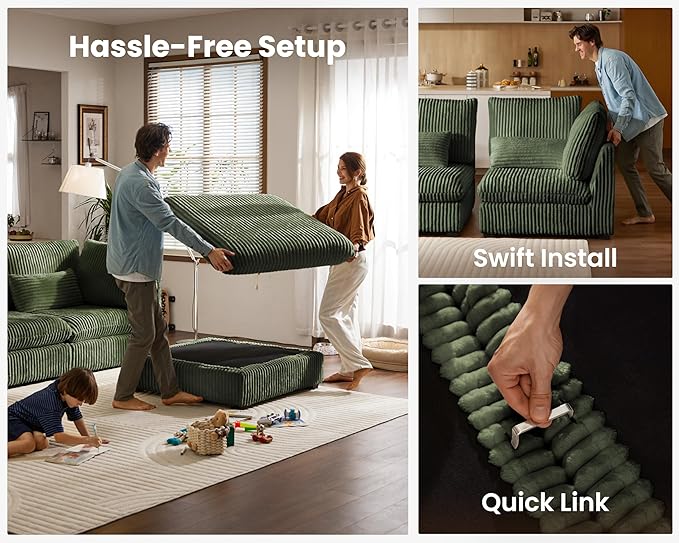 Oversized Modular Sofa, Extra Deep Cloud Corduroy Sectional Couch with Ottoman Chaise, Fluffy Corduroy 5 Seater Sofa Bed for Living Room, Villa (U Shape 5 Seater, Corduroy Green)