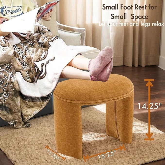 3-Piece 53" Comfy Upholstered Dining Bench with 2 Ottomans, Accent Waterfall Bench Modern End of Bed Entryway Bench Vanity Stool，Pumpkin Chenille