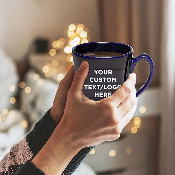 DISCOUNT PROMOS Custom Glossy Ceramic Latte Coffee Mug 12 oz. Set of 50, Personalized Bulk Pack - Perfect for Tea, Espresso, Cappuccino, Hot Cocoa - Blue