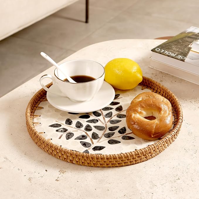 Round Rattan Tray with Mother of Pearl Inlay & Wooden Base - Decorative Wicker Serving Tray for Coffee/Bread/Fruits, Food Storage & Display - Multipurpose Home Decor (M,Little Tree)