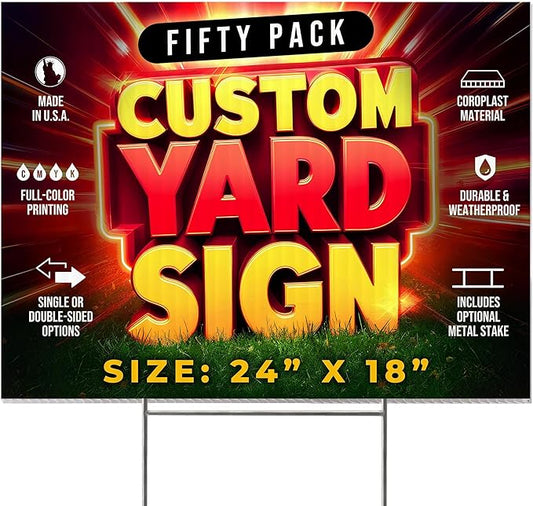 50 Pack 24"x18" Custom Yard Signs with Stakes, Personalized Yard Signs for Outdoors, Customized Full Color Print Corrugated Signs for Business
