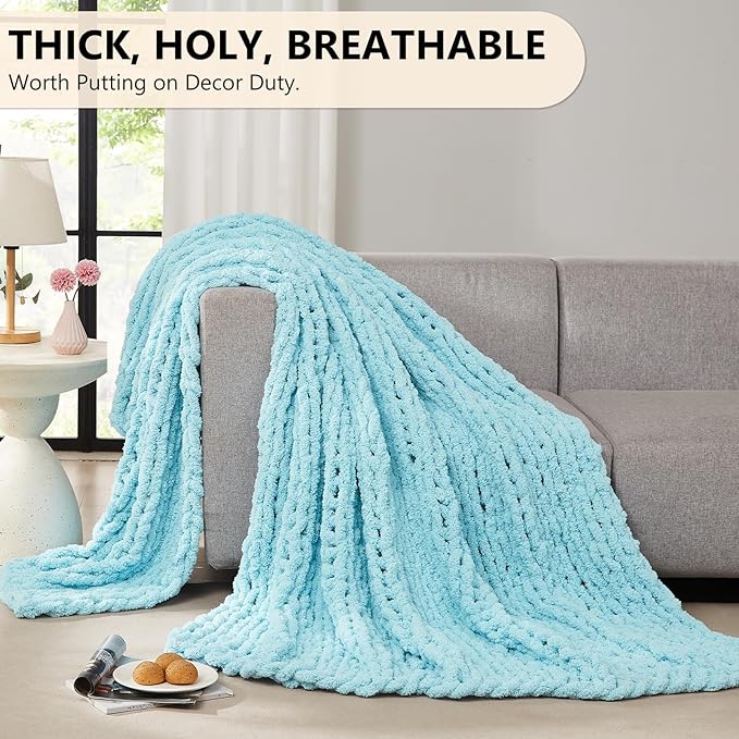 L'AGRATY Chunky Knit Blanket Throw - Soft Chenille Yarn Throw Blanket 30x40：Handmade Thick Cable Knit Crochet Blanket - Large Knit Blanket Chunky Rope Knot Throw Blanket for Couch Sofa Bed Home Decor