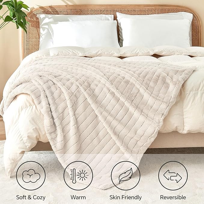 BEDELITE Faux Fur Throw Blanket for Couch, Soft and Cozy 3D Ribbed Fluffy Blanket, Thick Warm Plush Fuzzy Faux Rabbit Fur Blanket for Women Gift (Beige, 50"x 60")