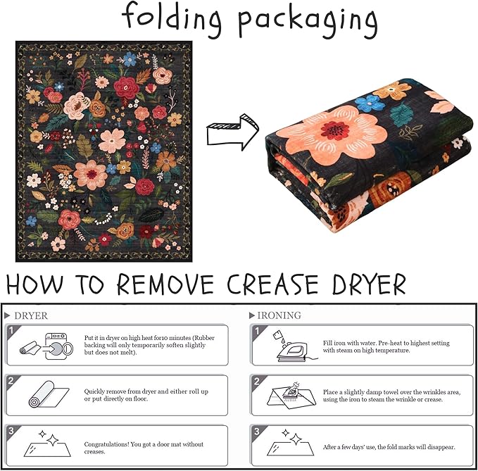 Bedroom Rug 3x5 Rug Washable Area Rug Non Slip Low Pile Boho Floral Small Carpet for Bedroom, Bedside, Kitchen, Entryway, Kids Room, Office, College Dorm Essentials for Girls(Black)