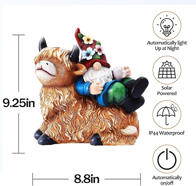 Garden Gnomes Decor Outdoor Statues Gnome on Highland Cow Hold Solar Cup Light Outdoor Decorations for Patio,Yard and Gift for Mom