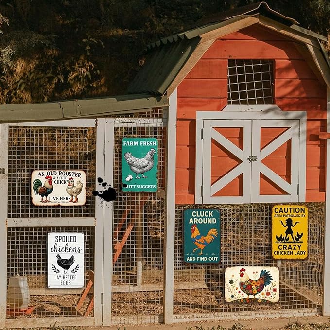 6 Pack Chicken Coop Signs – Vintage Farm Accessories Funny Metal Tin Signs for Outdoor Chicken Coop Decor, Farmhouse Wall Art, Rustic Barn Yard Decorations, 8x12 Inch