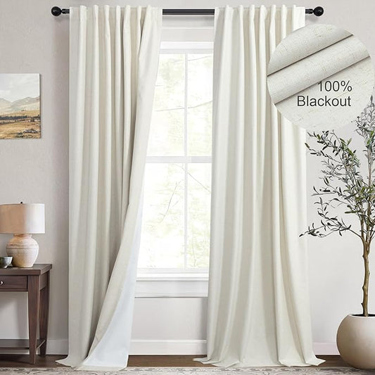 100 Inch Curtains Complete Blackout Linen Curtains for Bedroom 2 Panels Set Large Window Custom Length 100 Inches Long Neutral Cream Colored Thermal Drapes for Sliding Glass Doors Shades Blinds 52x100