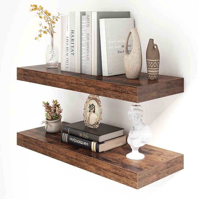 12 Inch Deep Floating Shelves for Wall | 30 Inch Floating Shelves Set of 2 | Rustic Wood Shelves for Living Room Bathroom Laundry Room Bedroom Kitchen Home Office - Rustic Brown