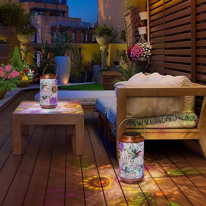 2Pack Solar Lanterns Outdoor Waterproof Hummingbird Colorful Garden Gifts for Mom, Multicolor Solar Lights Lantern for Backyard Garden, Pathway, Outside, Mothers' Day Gifts for Grandma Women