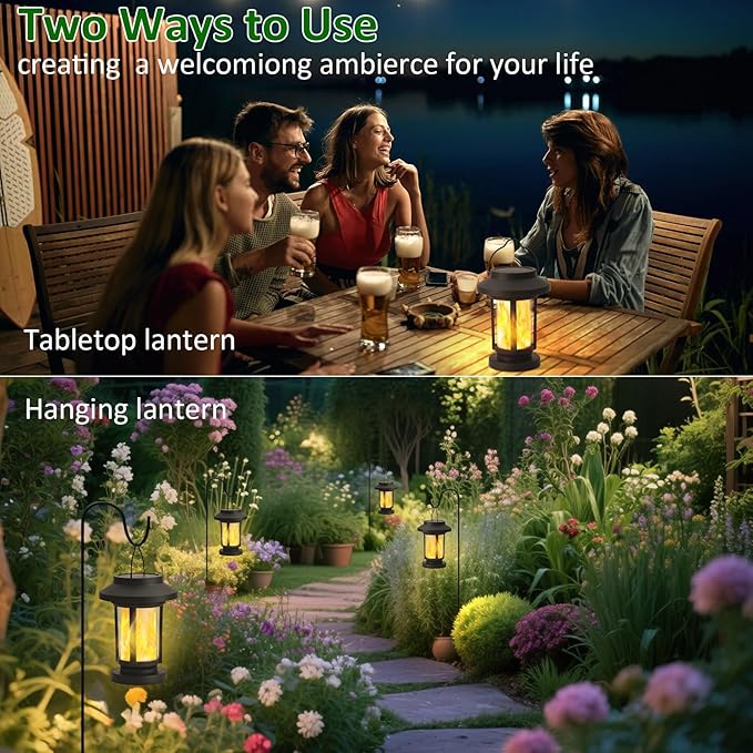 Derynome Solar Lantern Outdoor Lights, 2 Pack Upgraded Flickering Flameless Solar Lights Outdoor Waterproof, Hanging Decorative Lanterns for Yard Patio Path Garden Decor (2)