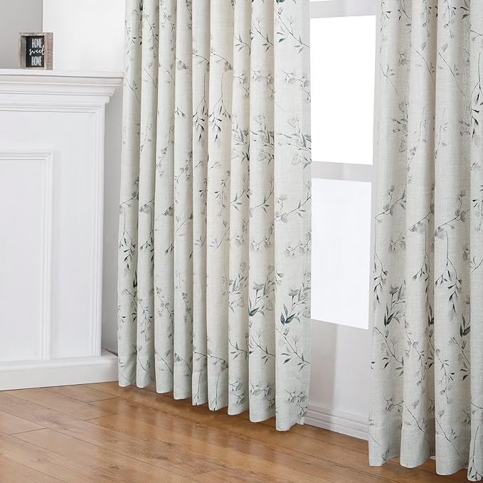 Pinch Pleated Floral Linen Curtains, 40 Inch Wide by 106 Inch Long Printed Curtains for Privacy Light Filtering, Suitable for Living Rooms and Sunrooms.2 Panels