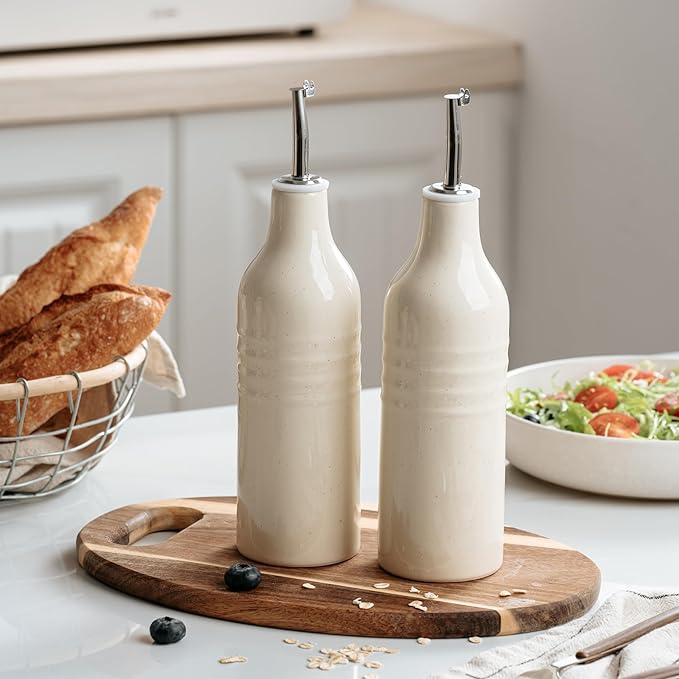 famiware Jupiter 16oz Ceramic Olive Oil Dispenser Bottle, Olive Oil and Vinegar Dispenser Bottle Set of 2 with Stainless Steel Pourers, Suitable for Storage Vinegar, Liquids, Vanilla White