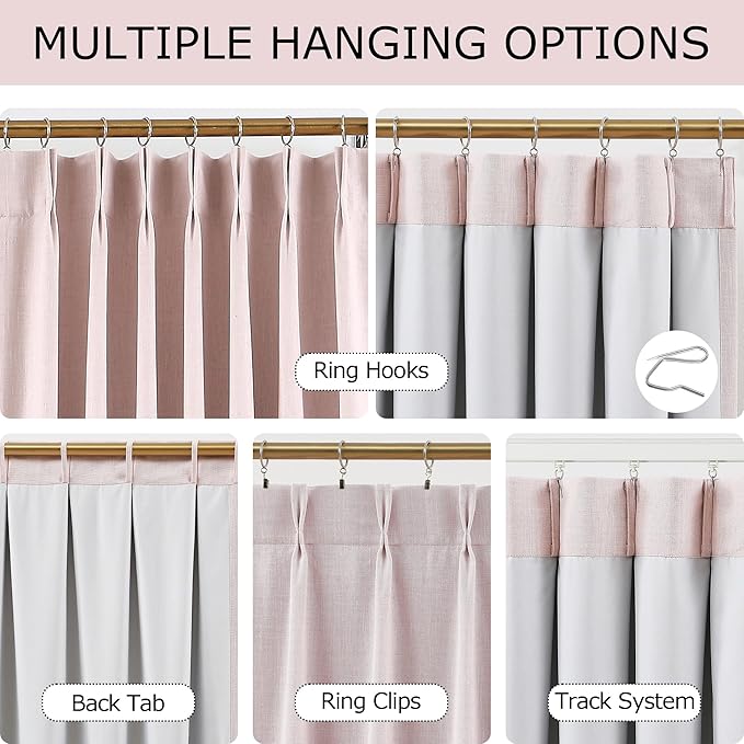 Vision Home Soft Pink Pinch Pleated Full Blackout Curtains Linen Blended Room Darkening Curtain Panels 90 inch for Living Room Bedroom Thermal Insulated Pinch Pleat Drapes with Hooks 40" Wx90 Lx2