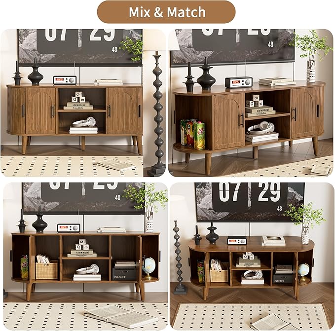51" Fluted TV Stand, Mid-Century Modern Entertainment Center for Tvs up to 60" with Drawers and Fluted Doors, Curved TV Media Console Table with Sliding Doors for Living Room, Bedroom (51")