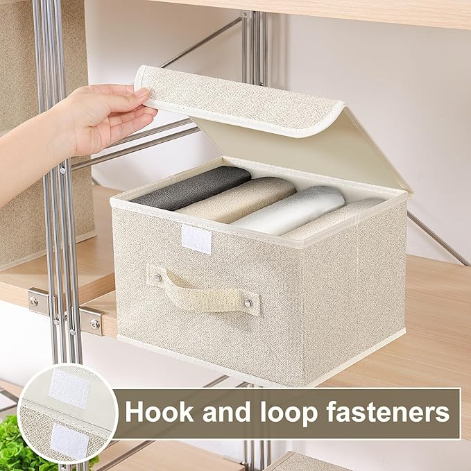 Fabric Storage Bins Cube Organizers with Flip-Top Lid and Handles,Storage Boxes for Organizing Home,Office,and Closet,Grey and Beige,3 Pack 10.2 X 7.9 X 6.7 in