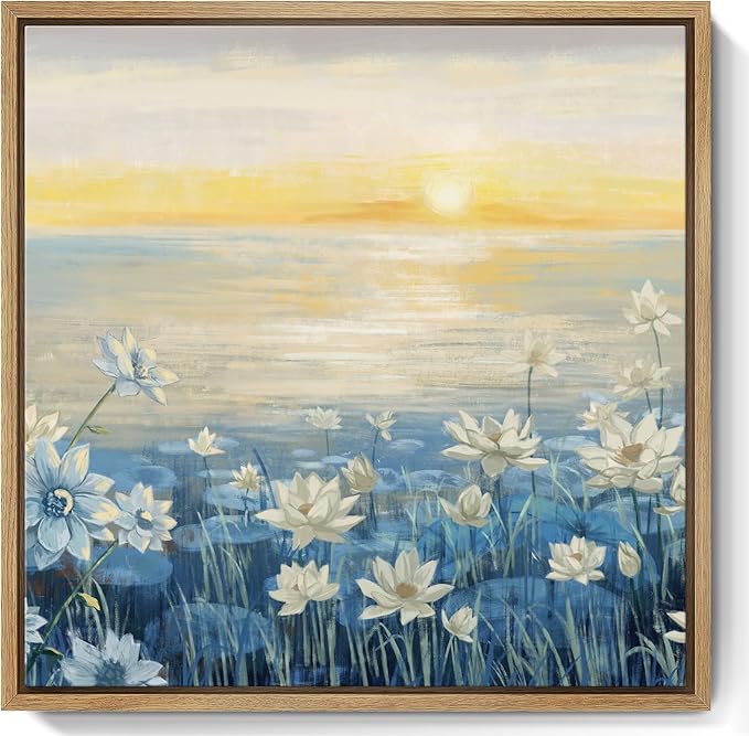 Bathroom Decor Wall Art-Framed Canvas Wall Art Modern Beach Coastal Floral Sunset Boho Ocean Artwork Blue Yellow Lotus Flower Zen Wall Picture for Bedroom Kitchen Office Small