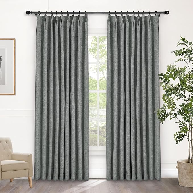 Macochico Pinch Pleated Full Blackout Curtains for Bedroom Living Room Mid Grey Linen Curtains Thermal Insulated and Noise Reducing Window Panels with Tieback Shabby Chic Decor 84”Wx84”L 1 Panel