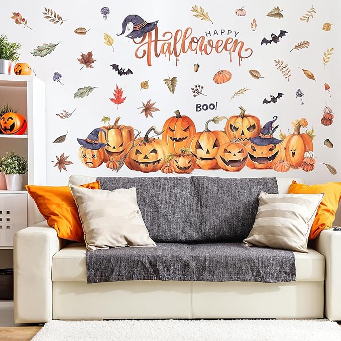 clothmile 38.18 x 36.15 Inch Halloween Wall Decals Halloween Pumpkins Bat Leaves Wall Stickers Removable Halloween Peel and Stick Sticker for Halloween Party Supplies Home Window Decor
