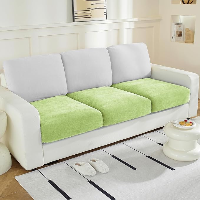 Couch Cushion Covers Individual Large Super Stretch Chenille (Softer Version) Sofa Cushion Covers, Couch Seat Covers Couch Slipcovers Furniture Protector (3PC, Green)