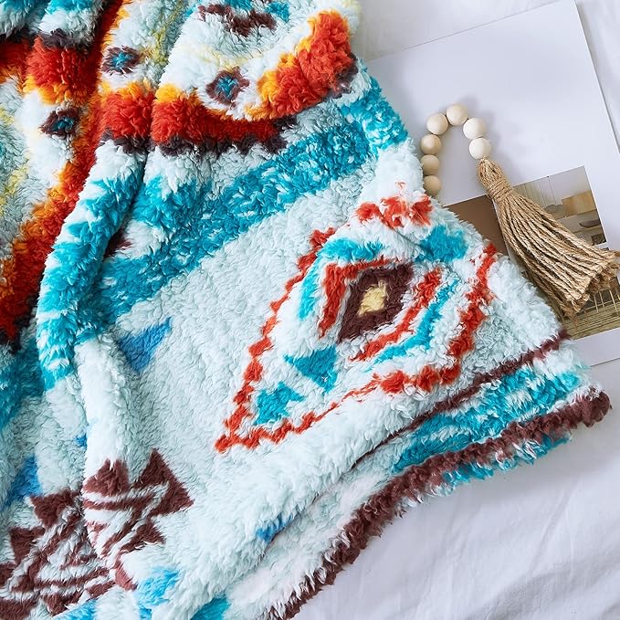 CASAAGUSTO Boho Sherpa Throw Blanket, Aztec King Size Blanket, Ultra Soft, Warm, Cozy, Plush, Thick Fleece Bohemian Throw Blanket for Couch, Bed, Sofa (Aqua 108 * 90 Inch)
