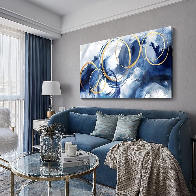 AJAZIKO Abstract Wall Art Blue Modern Art Wall Decor Artwork For Walls Living Room Huge Wall Canvas Office Pictures For Wall Navy Gold Contempor Decorations For Bedroom Size 24x48in