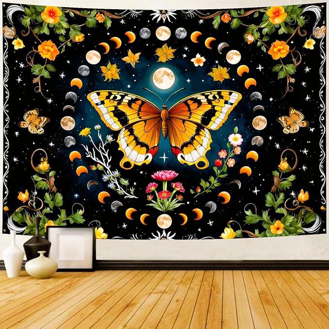 Delur Butterfly Moon Flower Tapestry Botanical Floral Plant Boho Tapestry Wall Hanging Mandala Aesthetic Mushroom Retro Vintage Headboard for Bedroom Living Room Home Decor (70.8" x 92.5")
