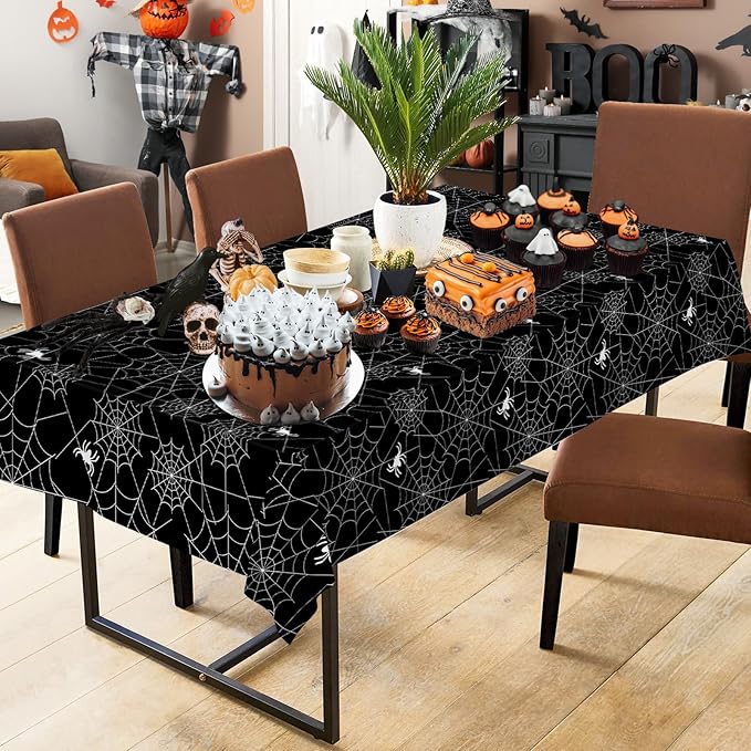 2 Pcs Halloween Tablecloth - Plastic Halloweens Spider Webs Table Cloth, Black Disposable Rectangle Spiderweb Table Cover for Halloween Party Decorations Supplies Favors Tables Decor, 108 x 54 Inch