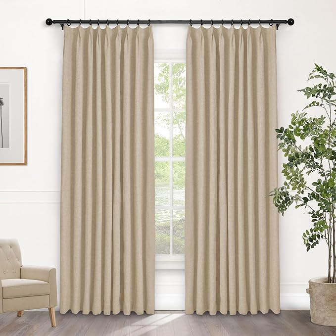 Macochico Pinch Pleated Full Blackout Curtains for Bedroom Living Room Sand Beige Linen Curtains Thermal Insulated and Noise Reducing Window Panels with Tieback Shabby Chic Decor 84”Wx84”L 1 Panel