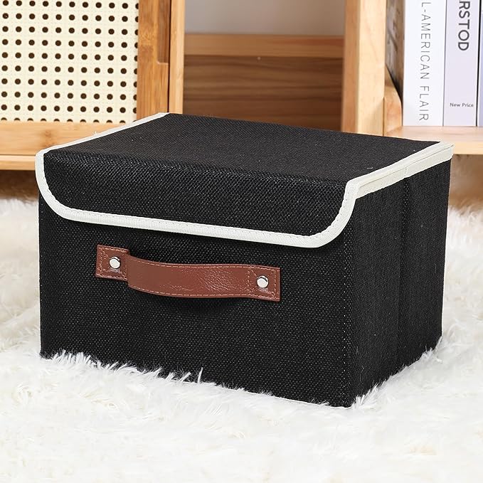ANMINY 2PCS Storage Bins with Lid PU Leather Handles Storage Boxes PP Plastic Board Decorative Foldable Lidded Cotton Linen Fabric Home Cubes Baskets Closet Organizer Containers - Black, Large Size