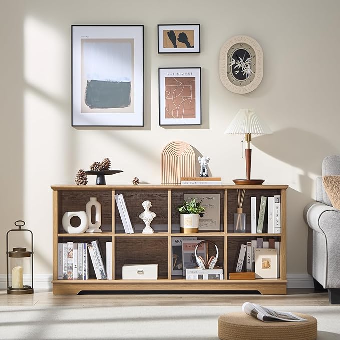 Farmhouse 8 Cube Bookshelf, Storage Organizer Bookcase, Kids Toy Storage Cabinet, Long Bookshelves Storage Organizer Shelf, Wood Display Cabinet Book Shelves for Bedroom,Living Room, Natural Oak