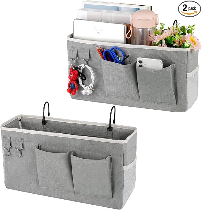 Bedside Storage Caddy/Bedside Hanging Storage Bag for Headboards Bunk Beds Dorm Rooms Book Phone Magazine Holder (2PC Grey)