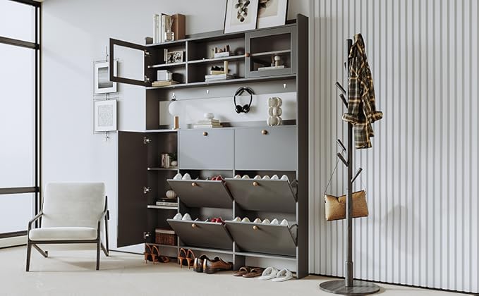 Ball & Cast Tipping Bucket 3-Tier Shoe Cabinet with 6 Flip Drawers and Storage Shelf,Entryway Hall Tree with Tempered Glass Doors and 4 Hooks,for Hallway,Mudroom,Living Room,Black