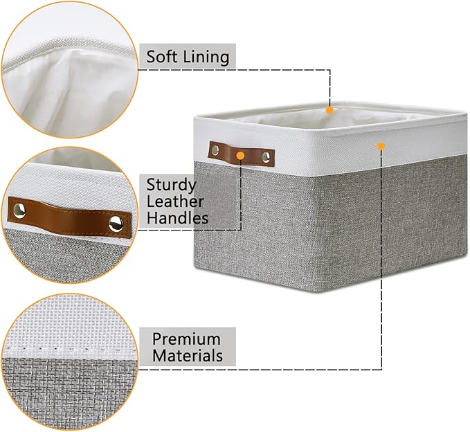 DULLEMELO Fabric Baskets for Storage, Office, Home,Nursery,Organizing Baskets for Shelves, Bedroom, Toys,Gift,Fabric Storage Basket with Handles(White&Grey,15"x11"x9.5",4-Pack)