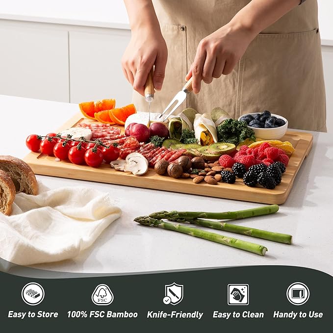 Extra Large Bamboo Board Charcuterie Non Slip Feet Over Sink Wooden Cutting Chopping Board Butcher Block Nice Solid Thick Juice Groove Big Xl XXl xlarge Hardwood Kitchen Counter Organic Meat BBQ Kit