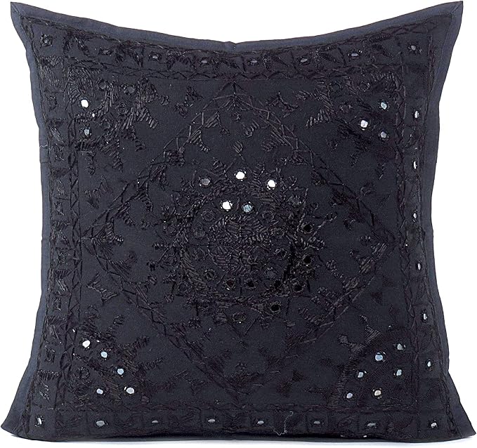 Eyes of India Embroidered Decorative Boho Throw Pillow Cover with Mirrors, Handmade Bohemian Accent Cushion Case for Sofa Couch Bedroom Living Room (Black, 16" x 16")