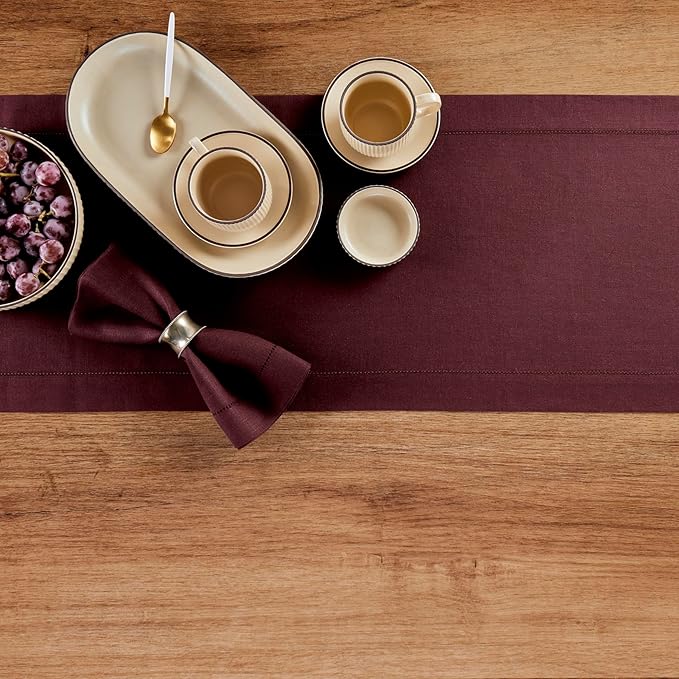 Solino Home Linen Burgundy Table Runner 120 Inches Long - 100% Pure Linen 14 x 120 Inch Table Runner for Fall, Autumn, Thanksgiving - Classic Hemstitch