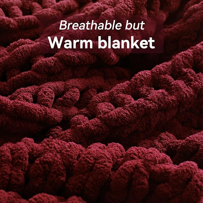 Chunky Knit Throw Blanket, 30''*40'' Knitted Throw Chenille Yarn for Bed Couch, Handmade Red Crochet Big Thick Blanket, Machine Washable Cute Comfy Blanket for Home Decor