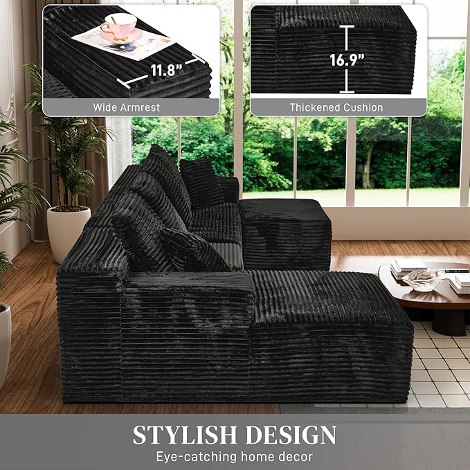 Modular Sectional Sofa Cloud Sectional Couch, 135" Comfy Fluffy U Shaped Black Couches for Living Room, Deep Seat Memory Foam Plush Corduroy Boneless Couch Sectionals with Left Facing Chaise Sofa