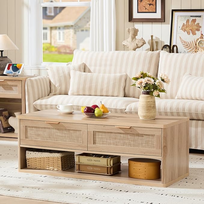 LEYAOYAO Boho Rattan Coffee Table Sets 2 Pieces, Nightstand with Charging Station and Coffee Table with Hidden Storage Compartment, Natural Living Room Table Set, Wood Furniture Sets for Home Office
