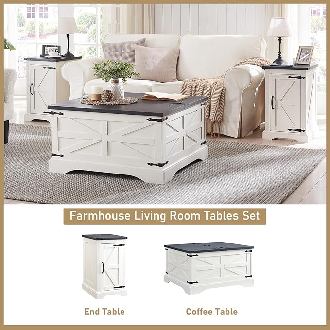 JXQTLINGMU Farmhouse Nightstand Set of 2 with Charging Station, 17" D Rectangular End Table with Barn Door & Adjustable Storage Shelf, Wood Rustic Sofa Side Table for Living Room, Bedroom, White